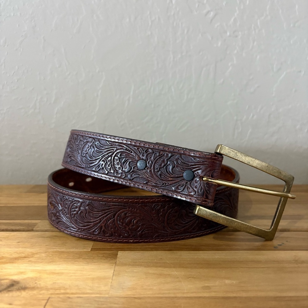 Tony Lama Tooled Leather Belt Brass Buckle USA Made